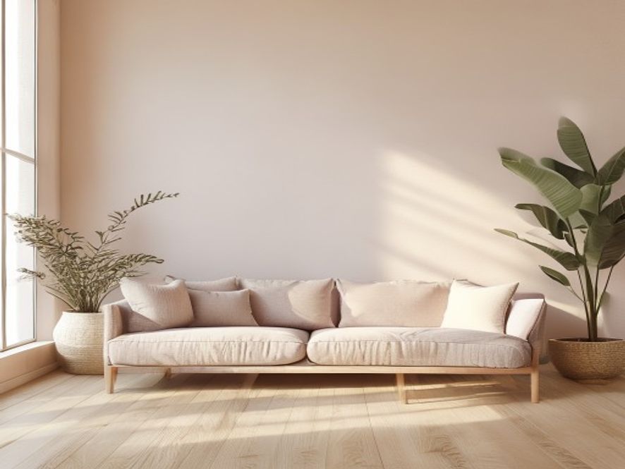 Warm-lit comfortable space with pillows and soft furnishings, no people